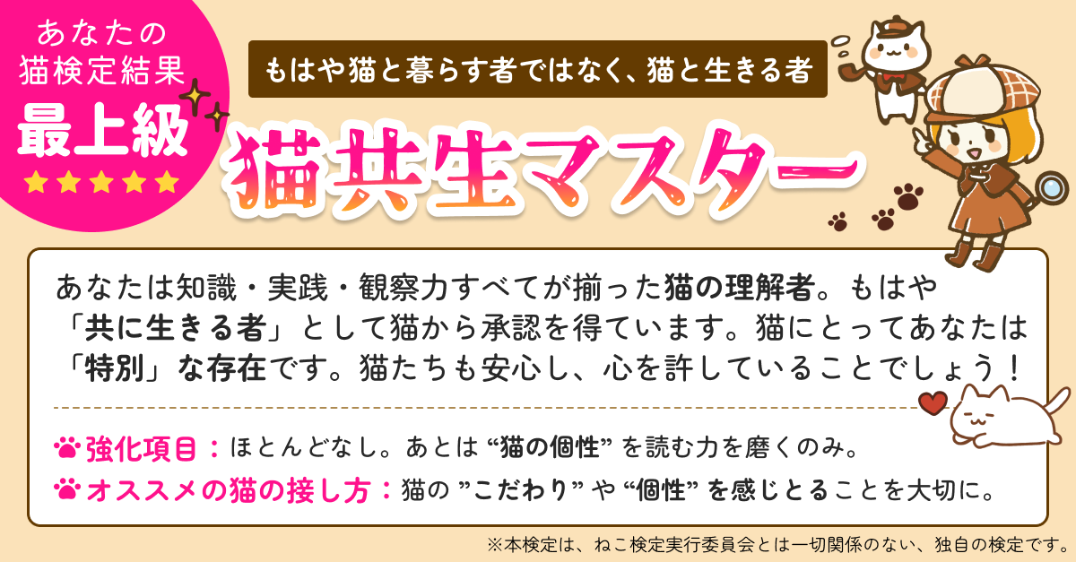 ねこ検定｜猫好きなら常識？猫の基礎知識クイズの診断結果画像