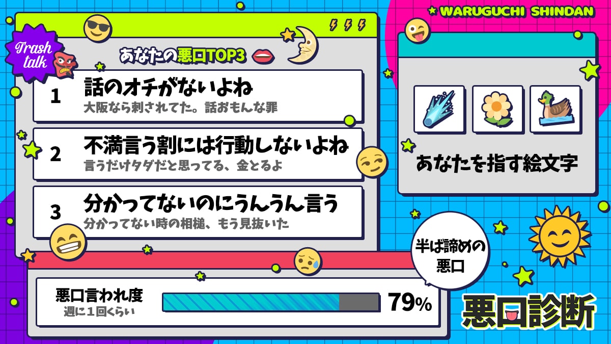 悪口診断｜あなたが陰で言われている悪口トップ3！の診断結果画像