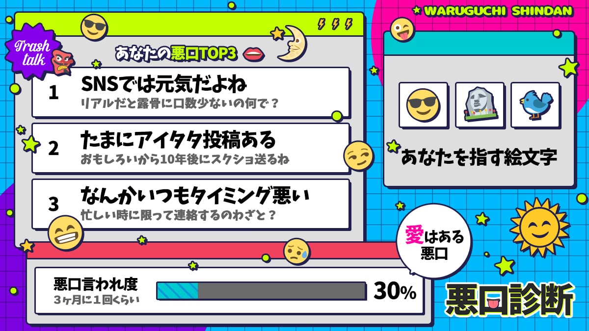 悪口診断｜あなたが陰で言われている悪口トップ3！の診断結果画像